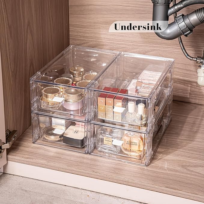 Clear Acrylic Stackable Storage Drawers, Plastic Organizer Bins with Handles for Undersink, Cabinet, Fridge, Closet, Pantry, Office, Bathroom, Kitchen(4 Pack)