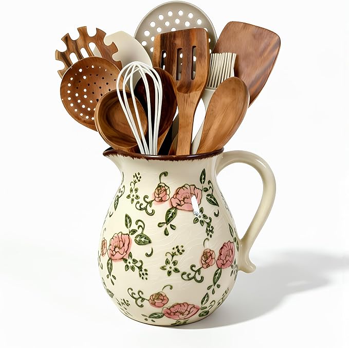 Ceramic Utensil Holder for Kitchen Counter, 6.1 Inch Modern Farmhouse Rustic Cooking Utensil Holder for Countertop Home Decor, Vintage Utensil Organizer Crock for Cooking & Spoon Tools (Red Rose)