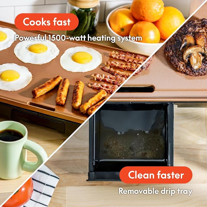 bella XL Electric Ceramic Titanium Griddle, Make 15 Eggs At Once, Healthy-Eco Non-stick Coating, Hassle-Free Clean Up, Large Submersible Cooking Surface, 12" x 22", Copper/Black