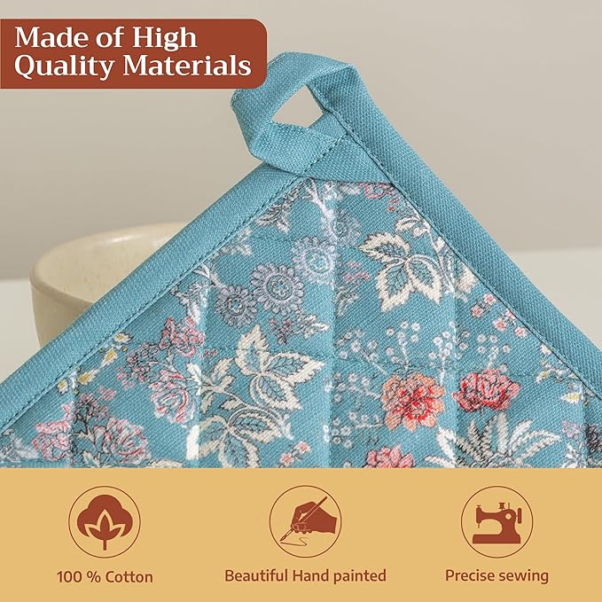 Maison d' Hermine Pot Holders 100% Cotton Heat Resistant Potholders 8" x 8" Hot Pads with Loop BBQ Cooking Baking Gifts for Mothers Day Handling Hot Pans Spring/Summer (Pack of 2, Marquise)