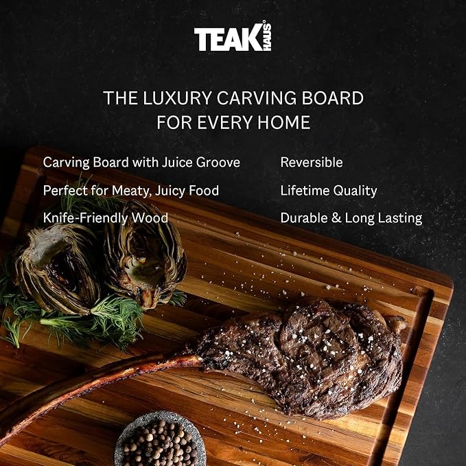 Teakhaus Carving Board with Juice Groove - Medium (M) Teak Wood Cutting Board 18”L x 14”W x 1” Thick - Lightweight, Sustainably Harvested & FSC Certified - Knife Friendly with Beeswax Oil Finish
