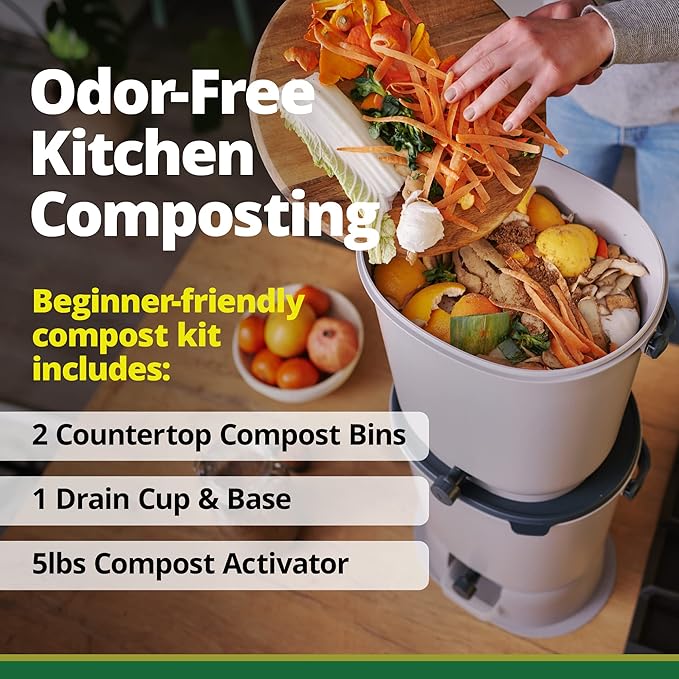 TeraGanix Bokashi Compost Starter Kit, Essential Set + Base, Indoor Composting, 2X 15.3L (4 gal) Bins, Collect & Ferment Waste, Airtight, No Pests or Odors, Bokashi Rice Bran Included, (Grey)