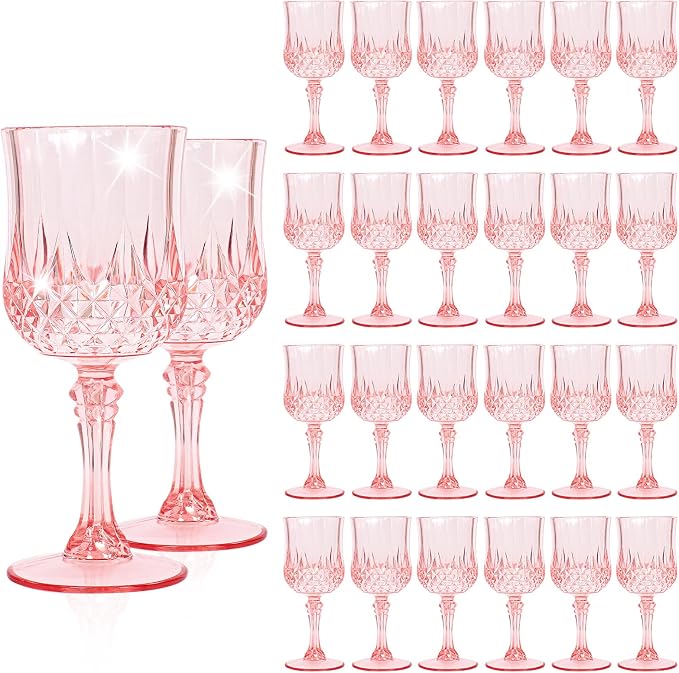 24 Pack Light Pink Plastic Wine Glasses, Vintage Plastic Goblets for Parties, Drinking Glasses Unbreakable Glassware Crystal Water Goblets Reusable Drinkware for Wedding Reception Grand Event Party