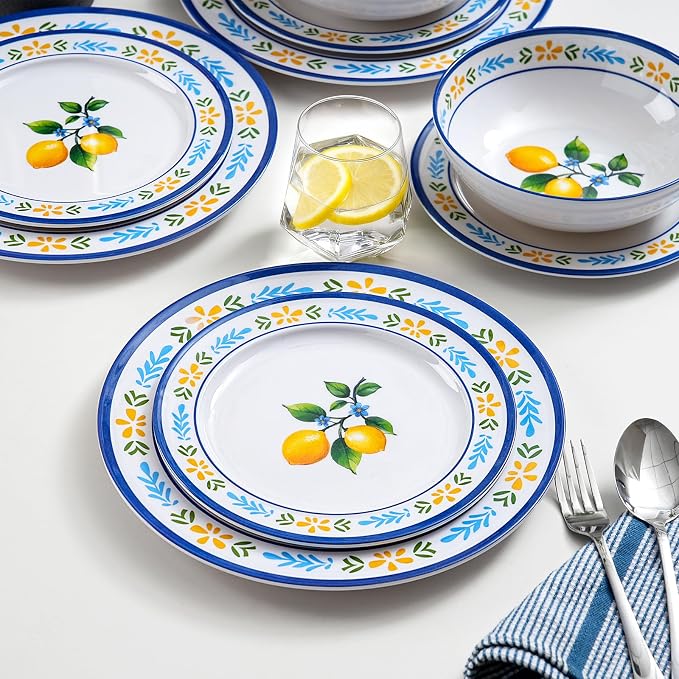 12-Piece Melamine Dinnerware Set - Unbreakable Lemon Dish Set， Indoor and Outdoor Plates and Bowls Sets for Housewarming, Birthday & Holiday Gifts， Service for 4 （Lemon）