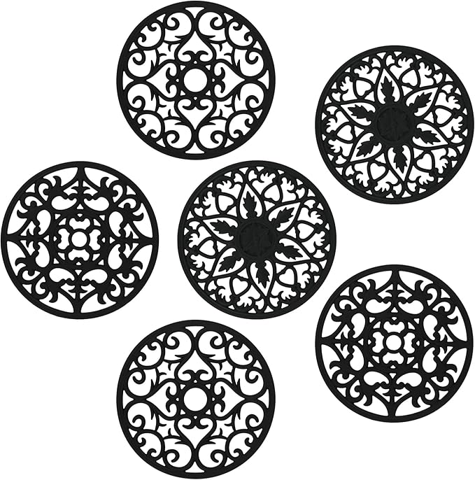 Smithcraft Silicone Trivets for Hot Dishes, Pots and Pans, Multi-use Carved Heat Resistant Mat, Hot Pads for Kitchen, Non Stick Trivet Mat, Silicone Pot Holders for Table & Counter Top Set of 6 Black