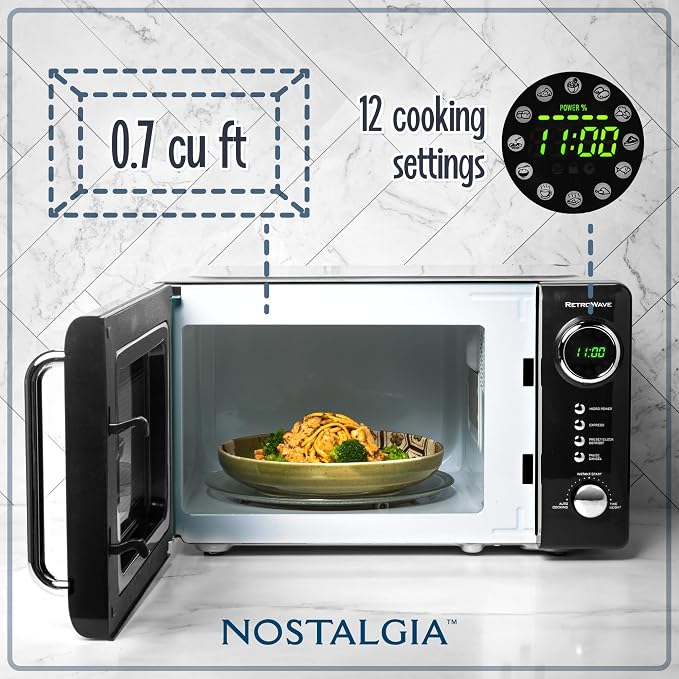 Nostalgia Retro Compact Countertop Microwave Oven - 0.7 Cu. Ft. - 700-Watts with LED Digital Display - Child Lock - Easy Clean Interior - Black