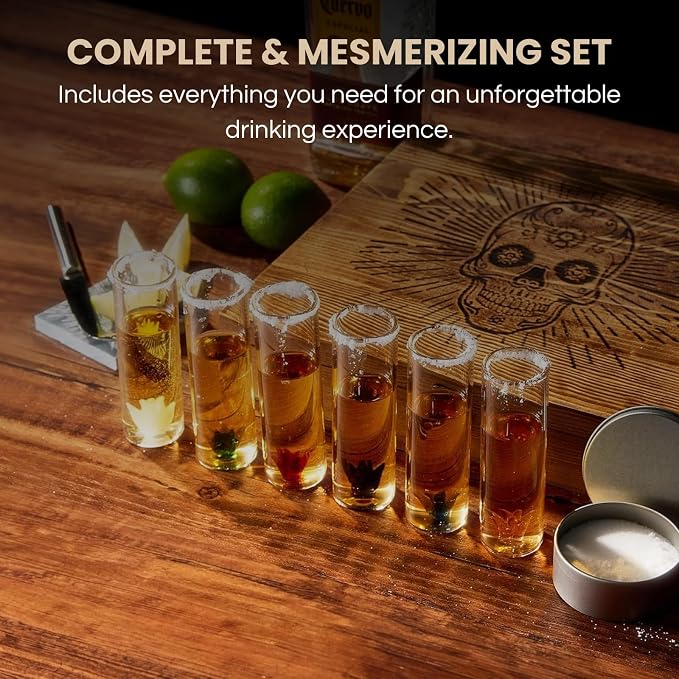 Tequila Gift Box Shot Glass & Salt Gift Set for Men & Women | Six Agave Shot Glasses, Knife For Limes, One Skull Coaster, One Salt Tin | Skeleton Sugar Skull Wooden Box Wood Package For Tequila Lovers