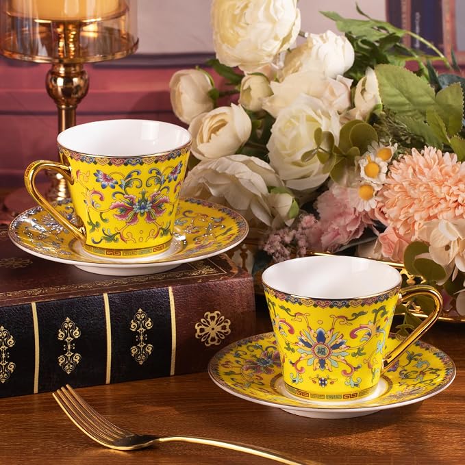 KAMMAK Tea Cups and Saucers Set of 2, Porcelain Coffee Cups with Saucer for Espresso, Cappuccino, 7.78oz Vintage Noble Yellow Ceramic Novelty Mug for Home, Tea Party, Office, 623N