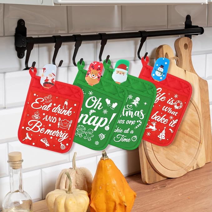 Yaomiao 24 Pcs Christmas Pot Holders with Silicone Spatula Set Wooden Handles Pot Holders for Christmas Kitchen Utensils xmas Baking Gifts for Neighbor Cooking Essentials(Cute)