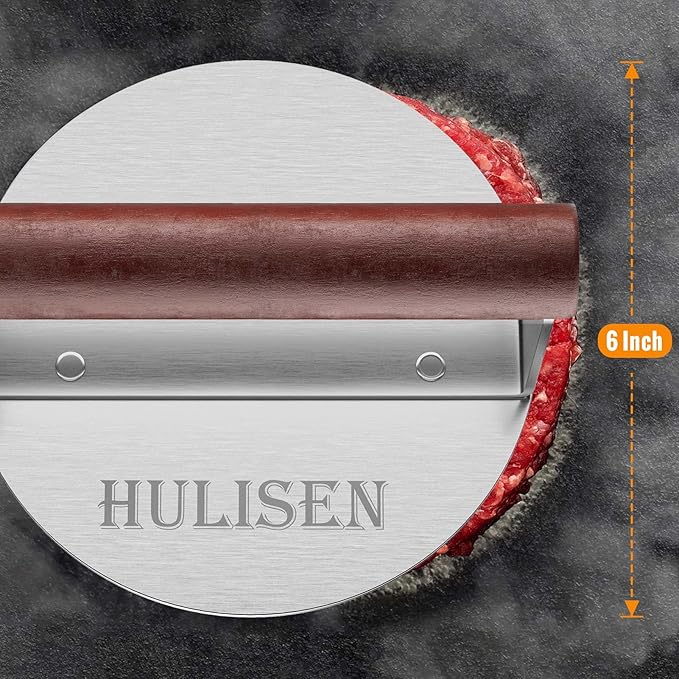 HULISEN Burger Smasher, Stainless Steel Smashed Burger Press, 6 Inch Hamburger Press for Griddle, Heavy-Duty Grill Press with Wood Handle, BBQ Accessories Tool, Weights 1.24 lb, Gift Wrapping