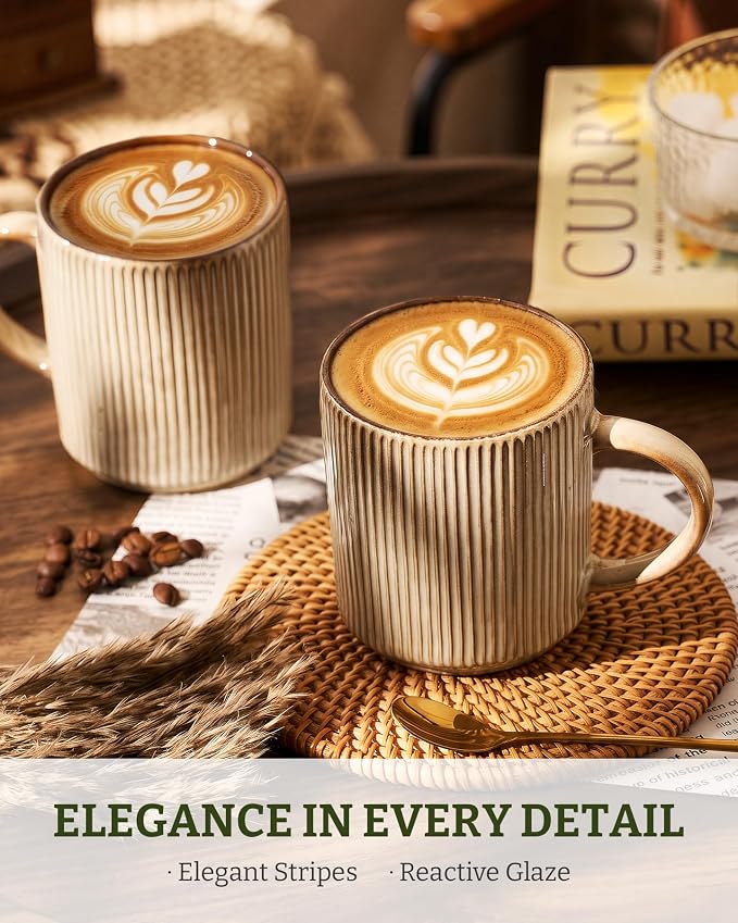 famiware Coffee Mug Set for 4, Star 12 oz Catering Mugs Cup Set with Handle for Coffee, Tea, Cocoa, Milk - Ceramic Stoneware Drinkware Set, Cream Cocoa