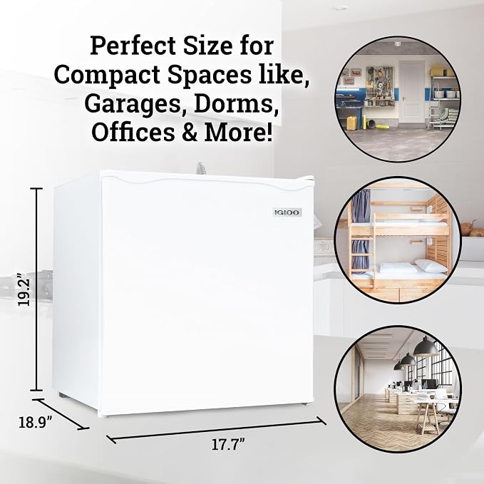 Igloo 1.6 Cu.Ft Mini Fridge with Freezer- Single Door Compact Refrigerator with Glass Shelves for Homes, Dorms & Offices- Keep Snacks, Drinks & Frozen Foods Cool with Temperature Control Fridge- White