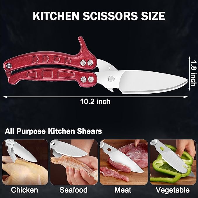 Heavy Duty Poultry Shears Kitchen for Chicken Meat,Multipurpose Kitchen Shears for Food,Herb Scissors with 5 Blades and Cleaning Comb, Cool Kitchen Gadgets Tools 2024 Green,2pcs set,burgundy