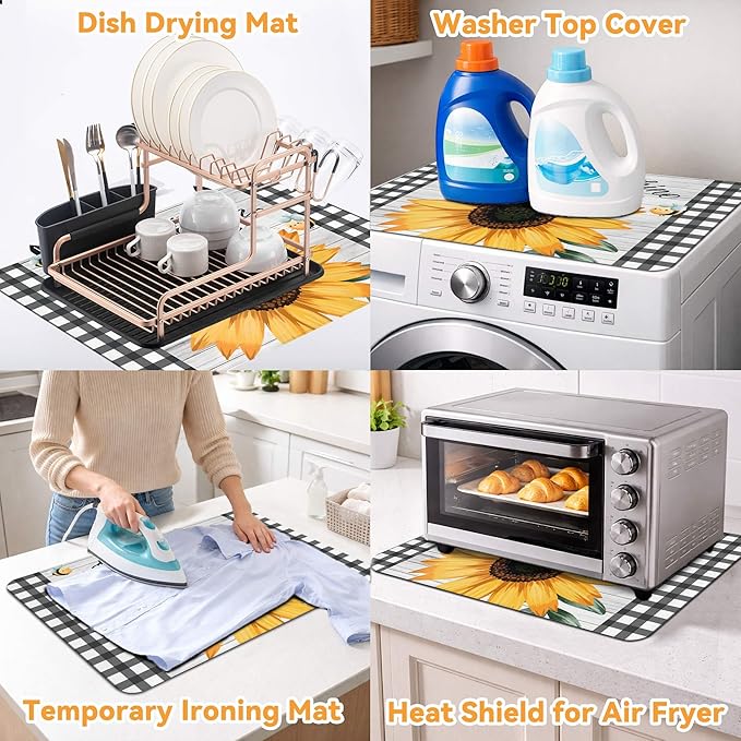 Decorative Stove Top Covers for Electric Stove 28"x20" – Heat Resistant Glass Cooktop Protector Dish Drying Mat – Non-Slip Rubber Backing Washer Top Cover Waterproof Extra Counter Space (Sunflower 1)