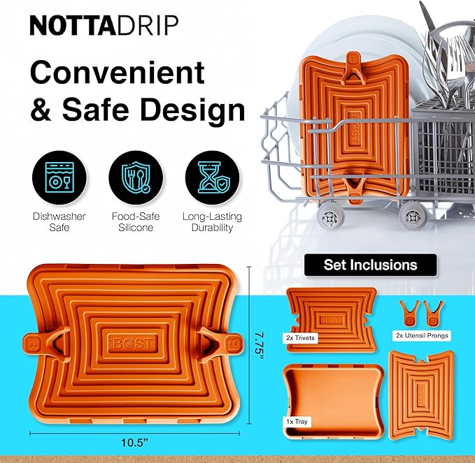 Nottadrip Silicone Spoon Rest for Stove Top - Kitchen Spoon Rest for Countertop, Ladle Holder, All in 1 Serving Station, Elevate Handles, Drip to Tray, Mess Free - 5PC Trivet Set - Orange