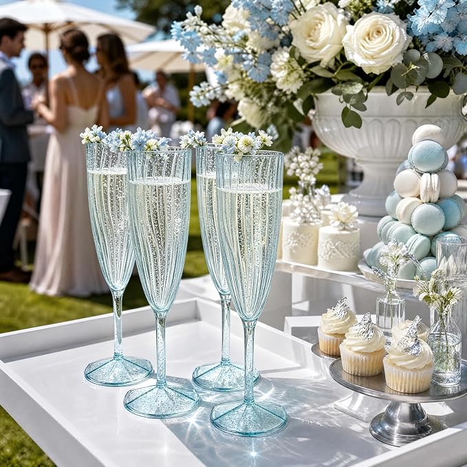 WDF 36PCS Blue Plastic Champagne Flutes - 6OZ Blue Glitter Champagne flutes - Party Supplies for Wedding/Birthday/Baby Shower/Housewarming/Pool party