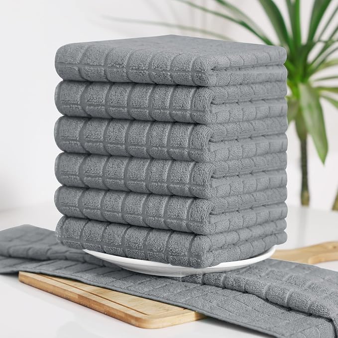 Homaxy Premium Cotton Kitchen Towels 16"x 28", Large Natural Ring Spun 390 GSM Dish Towels, Super Absorbent Terry Kitchen Hand Towels, Soft Tea Towels with Hanging Loop, Pure Grey Check Design, 4 Pack