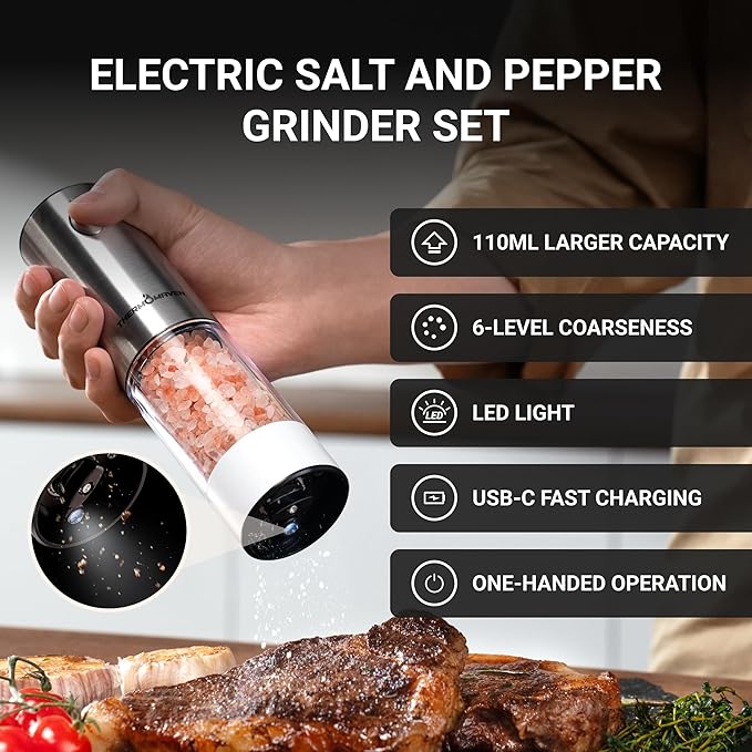 ThermoMaven 110ml Rechargeable Electric Salt and Pepper Grinder Set - 6 Adjustable Coarseness, Washable Parts, Built - in LED for Easy and Accurate Grinding, 2 Packs, Pearly White