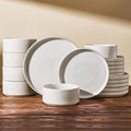 24-Piece Dinnerware Set for 8, Famiware Premium Stoneware Dish Set with Ribbed Plates and Deep Bowls, Double Reactive Glaze, Chip & Scratch Resistant, Microwave & Dishwasher Safe, Matte Reactive White