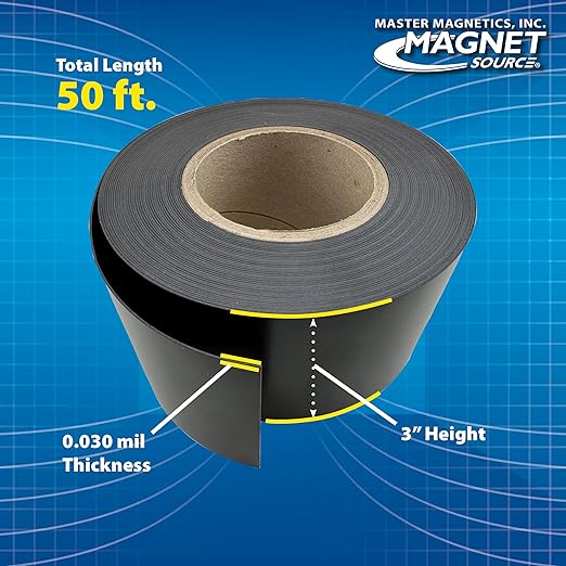 Master Magnetics Flexible Magnet Strip with Black Vinyl Coating, 1/32"" Thick, 3"" Height, 50 Feet, 1 Roll