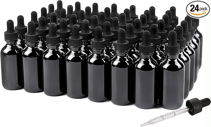 NOOEEISS 2oz Glass Dropper Bottle,Preety Texture Tincture Bottles with Precise Scales Eye Droppe,for All Kinds Of Mixed Liquids,Leak-Proof Design for Easy Travel (Black-48Pack)