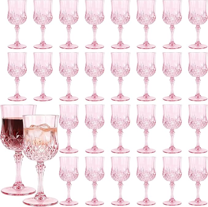 30 Pack Plastic Wine Glasses,10oz Unbreakable Vintage Style Goblets,Reusable Crystal Like Drinking Glass for Wedding Reception, Party Supplies (Pink)