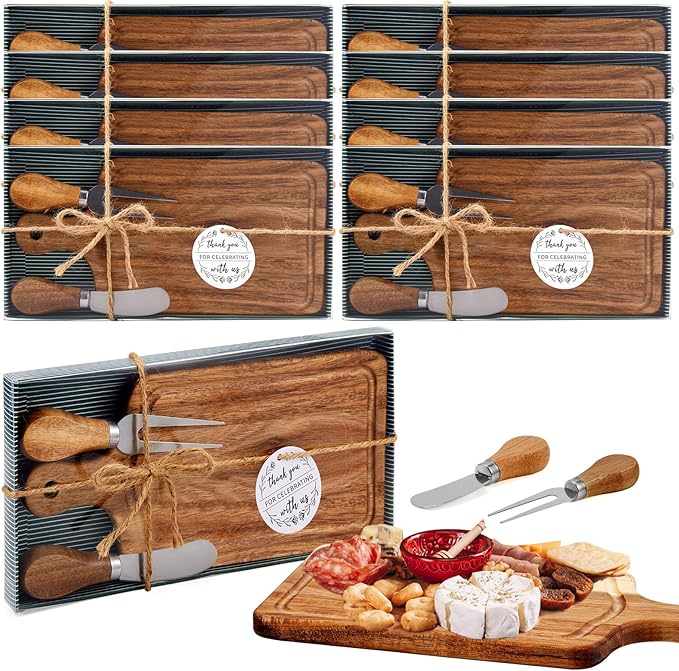 Ziliny 8 Sets Bridal Baby Shower Cheese Prizes Wooden Square Board Gift Set Knives Forks Thank You Tags with Box for Guests for Valentines Bridal Baby Shower Housewarming (Acacia Color)