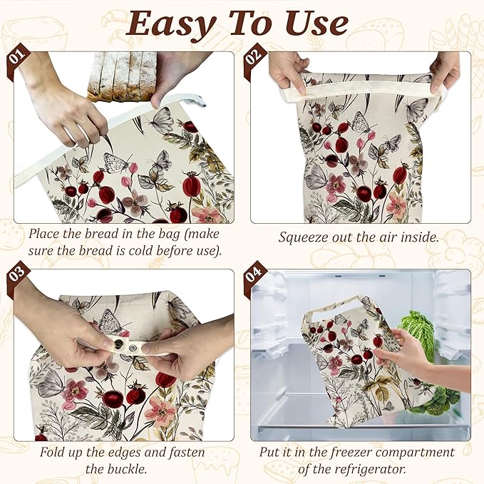 Bread Bags for Homemade Bread- Vintage Flower Butterfly 2 Pack Linen and Beeswax Sourdough Storage Bags, Reusable Keeper, Keeps Breads Fresh Longer, Gifts for Bakers
