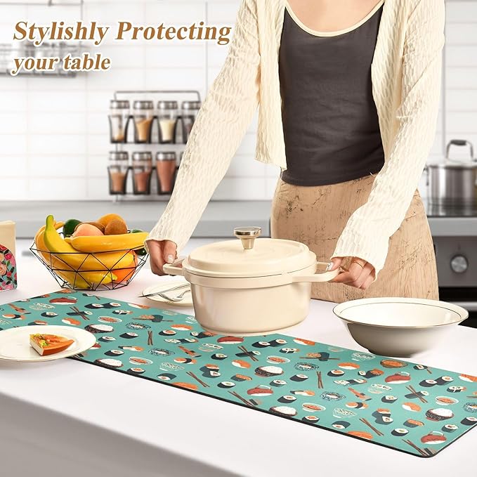 2-in-1 Table Runner Trivet for Hot Dishes Heat Resistant Hot Plate Mat Pad 39x12 Inch Waterproof Table Protector Trivets for Countertop Non Slip Decorative Teal Sushi