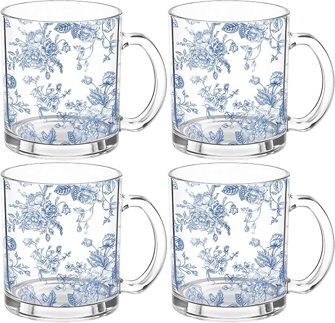 Willinglong 4 Pcs Blue Floral Glass Coffee Mugs 12oz Blue and White Flower Chinoiserie Cups with Handle Spring Summer Drinking Cups Gift for Bridal and Baby Shower Tea Garden Birthday Wedding Party