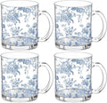 Willinglong 4 Pcs Blue Floral Glass Coffee Mugs 12oz Blue and White Flower Chinoiserie Cups with Handle Spring Summer Drinking Cups Gift for Bridal and Baby Shower Tea Garden Birthday Wedding Party