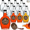 FoldTier 12 Pcs 8 oz Glass Maple Syrup Bottles Clear Reusable Glass Bottles with Lids Loop Handle and Maple Syrup Stickers Jars Container for Milk Potion Juice Sauce Oil Storage Gift(Stylish)