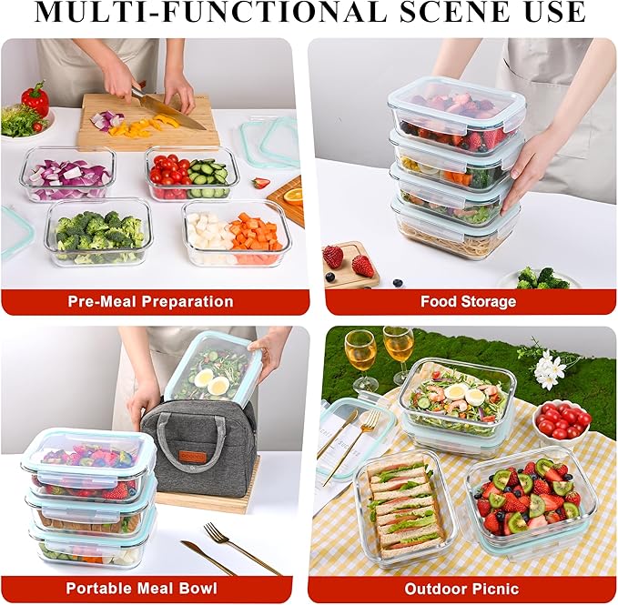 LOVYANXUE 4 Pack 52oz Large Glass Food Storage Containers with Lids, Meal Prep Containers with Airtight Lid for Storing, Baking, Serving, BPA-Free, Freezer, Microwave, Oven & Dishwasher Safe