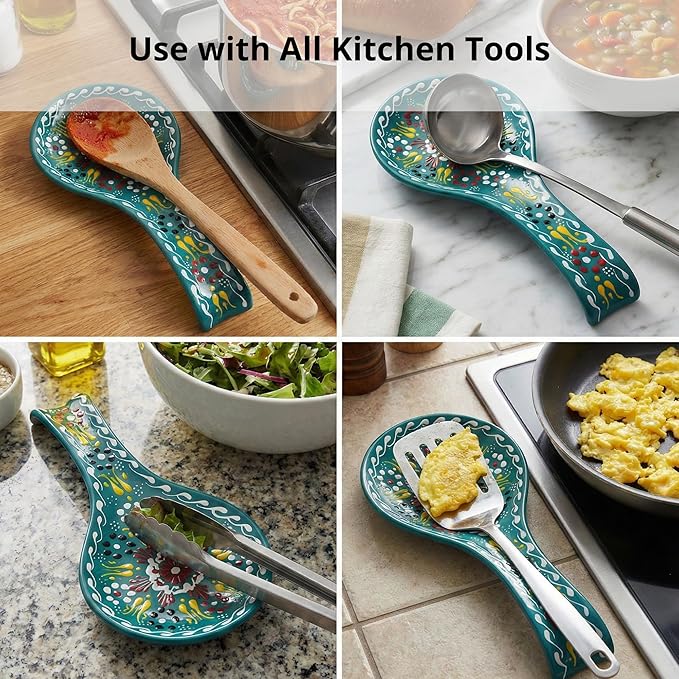 BCS Ceramic Spoon Rest, Large 9” Hand Painted Spoon Holder for Stove Top & Kitchen Counter, Dishwasher Safe & Heat Resistant Utensil Holder, Floral Kitchen Decor, Handmade Pottery