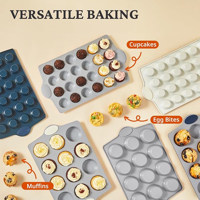 BRONYPRO 24-Cup Non Toxic Nonstick Ceramic Mini Muffin Pan & Cupcake Tin, PFOA & PFOA Free, Heavy Duty Rust-Resistant Aluminized Steel, Oven & Dishwasher Safe, Light Gray