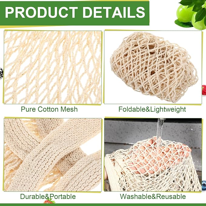 Paterr 50 Pack Cotton Mesh Produce Bags Bulk Reusable Market Bag Washable Net Grocery Purse String Shopping Tote Beach Organizer for Vegetable Fruit Picnic Food Storage (Short Handle,Beige)