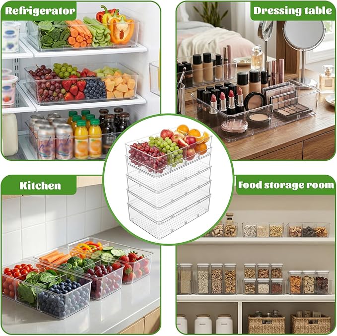 Mifoci 16 Pcs Snack Pantry Organizer and Storage - Clear Plastic Storage Bins for Pantry Shelf with 3 Divider Stackable Plastic Containers Box with Handle for Kitchen Cabinet Fridge Closet Bathroom