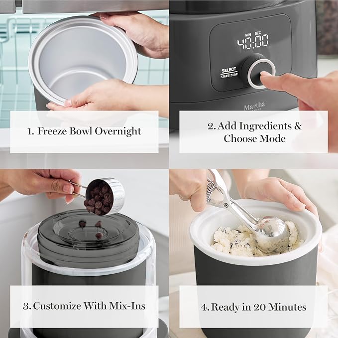Martha Stewart Ice Cream Maker, 2 Quart Double-Insulated Freezer Bowl, Sorbet & Frozen Yogurt, Ready in 20 Minutes, Mix-Ins Chute, Easy to Clean, Caviar Gray