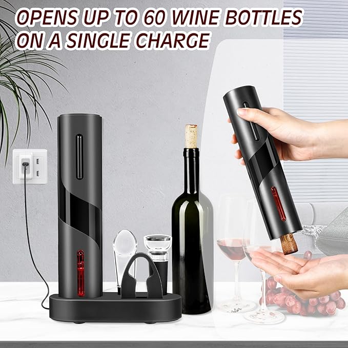 6-in-1 Electric Wine Bottle Opener Set, Cordless Rechargeable Wine Opener with Charging Base, Foil Cutter, Aerator Pourer & Stopper - Perfect Wine Gift Set for Wine Lovers