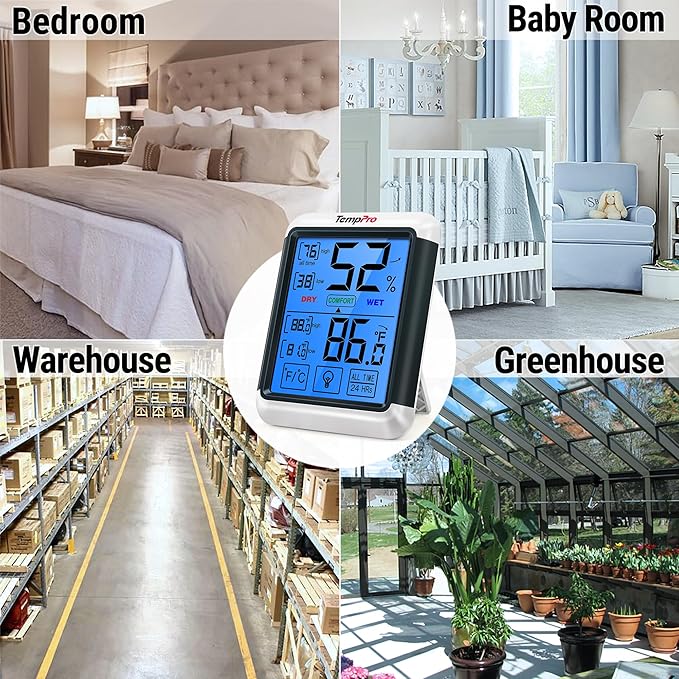 TempPro TP55 Digital Indoor Hygrometer Thermometer, 4-Inch Temperature/Humidity Monitor with Touchscreen and Backlit, Room Thermometer/Humidity Meter for House Home Greenhouse (Previously ThermoPro)