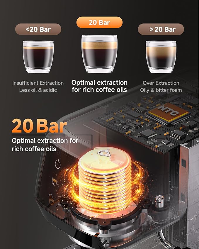 AMZCHEF Compact Espresso Machine, 20Bar Home Barista Coffee Maker with 1350W Fast Heating, 3-Level Temperature Control, 360° Adjustable Steam Wand, HD Touch Screen, Small Footprint for Kitchen