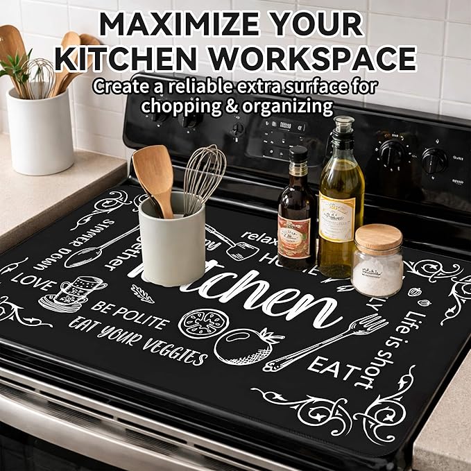 Decorative Stove Top Covers for Electric Stove 28"x20" – Heat Resistant Glass Cooktop Protector Dish Drying Mat – Non-Slip Rubber Backing Washer Top Cover Waterproof Extra Counter Space (Kitchen 3)