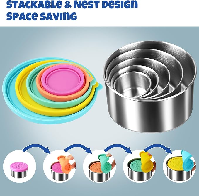 18/8 Stainless Steel Food Snack Storage Containers(5 Pack: 2/4/8/14/24oz) | Stackable, Leakproof Lunch Box with Silicone Lid, for Kids and Toddler Home School Use