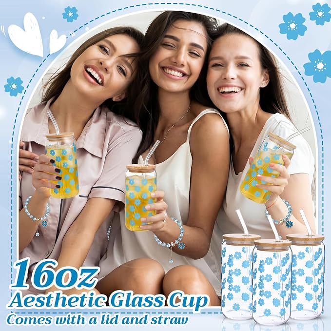 Vesici 73 Pcs Spa Sleepover Party Supplies Bulk Women 8 Sets Slumber Birthday Bridesmaid Gift Crochet Flower Glass Cup Eye Mask Hair Ties Gift Bag Bracelets Scrunchies Headband(Cherry Blossoms,Blue)