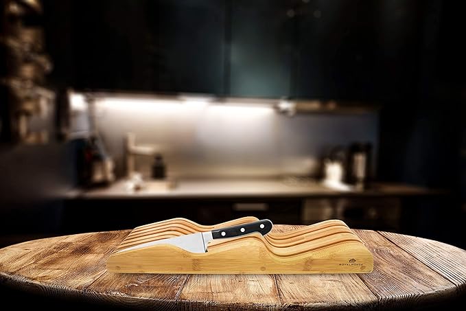 ROYALHOUSE Bamboo Knife Block Holder, In-Drawer Knife Drawer Organizer,Knife Block without Knives, Fit for 7 Knives, Perfect for Home and Chefs, Gift for Any Occasion and Housewarming