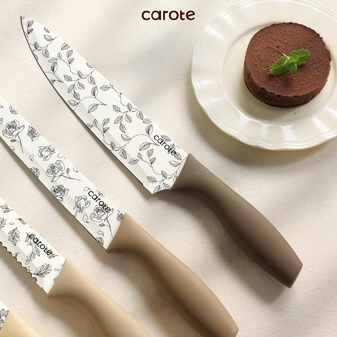 CAROTE 12PCS Knife Set, Kitchen Knife Set with 6 Blade Guards, Stainless Steel Knives Set With Nonstick Ceramic Coating, Rustproof, Delicate Floral Designs, White (Pack of 2)