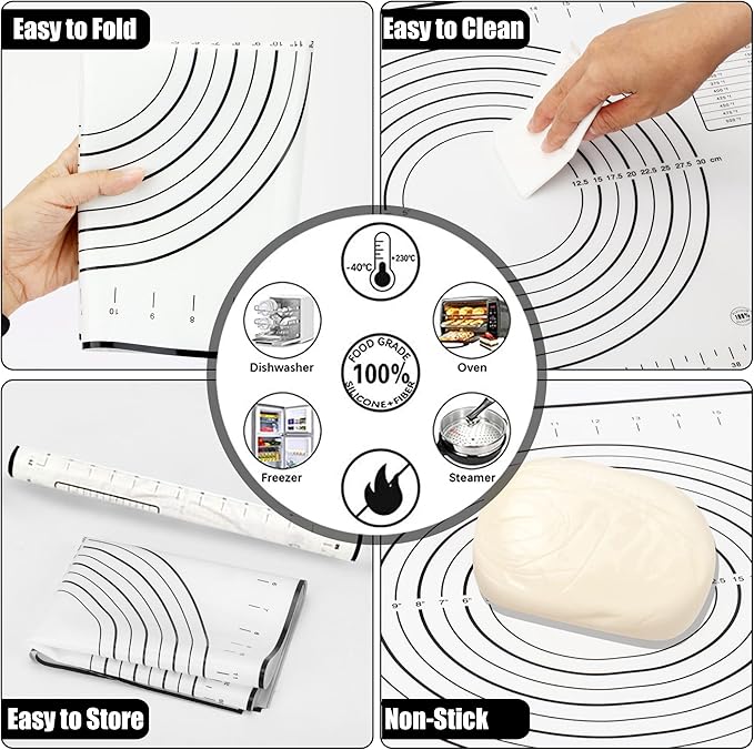 Rolling Pin with Thickness Rings and Pastry Baking Mat, 13.6" Adjustable Wooden Rolling Pin Dough Roller for Baking Cookie Pizza, Comes with Large Silicone Pastry Mat, Kitchen Baking Tools