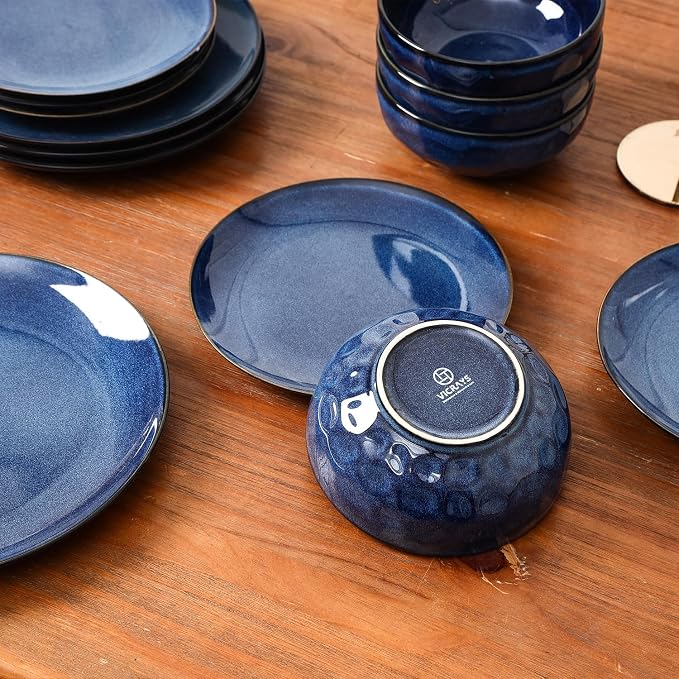 Vicrays Ceramic 24 Pieces Dinnerware Set - Dinner Plates Salad Plates Cereal Bowls Set Service for 8 - Scratch Resistant Microwave Oven Dishwasher Safe - Starry Blue