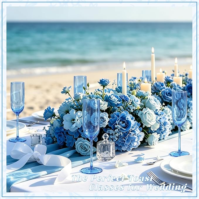 Plastic Champagne Flutes Set, 6oz Unbreakable Champagne Glasses Bulk, Shatterproof Reusable Mimosa Prosecco Sparkling Wine Cups for Wedding Party (Blue, 24pcs)