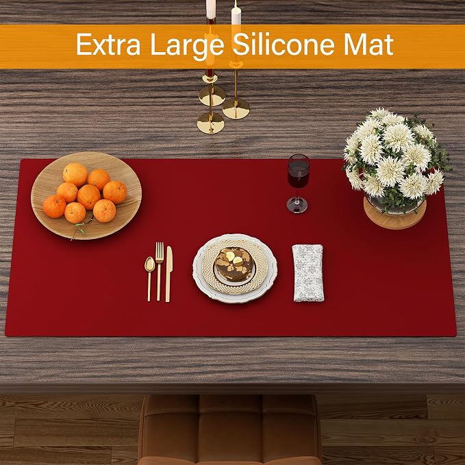 Quality Silicone Table Mat 47x24 Inch - High Heat Resistant (Lab Tested 482°F), Non-Slip Oil-Resistant Surface for Baking & DIY | Waterproof & Easy Clean (Red)
